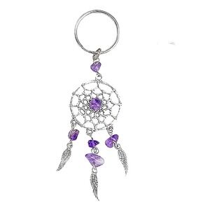 Dreamcatcher Keychain Crystal Glass Gemstone Feathers Silver Keyring Purple